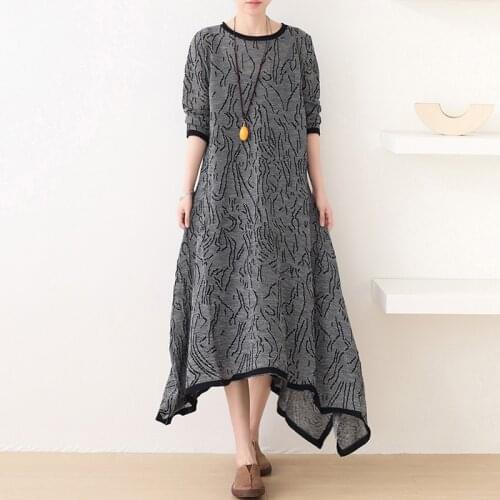 Johnature Women Irregular Dresses Autumn Print Floral Clothes O-Neck Long Sleeve A-Line Clothes 2021 New Vintage Women Dress