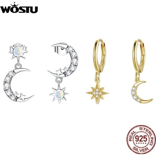 WOSTU 925 Sterling Silver Star & Moon Stud Earrings Asymmetrical Ear Buckles Silver Earrings For Women Fine Silver Jewelry