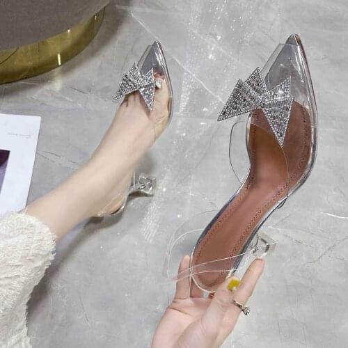 2021 Spring New Pointed Transparent Sandals Womens Bun Water Drill Bow Wine Glass Heels Plus Size 35-42