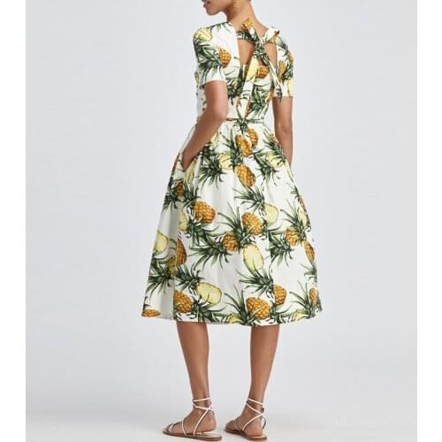 100% Women Cotton 2021 Summer Runway Fashion Pineapple Print Backless Bandage Midi Party Holiday Dress