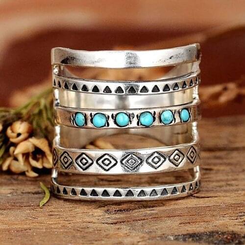 Antique Symbols Pattern Mosaic Stone Hollow Geometric Ring Jewelry for Women Wide Ring Band Finger Joint Ring Accessories Gift