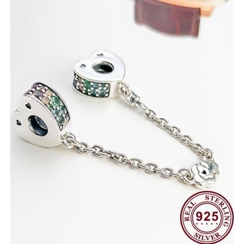 100% 925 Sterling Silver Charm Fashionable And Colorful Heart-shaped Arc Safety Chain Fit Pandora Bracelet Diy Jewelry