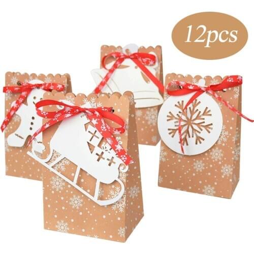 12pcs Kraft Paper Cookie Bags Snowflake Pattern Gift Bags Gingerbread Bell Christmas Candy Biscuits Packaging Bag Party Supplies