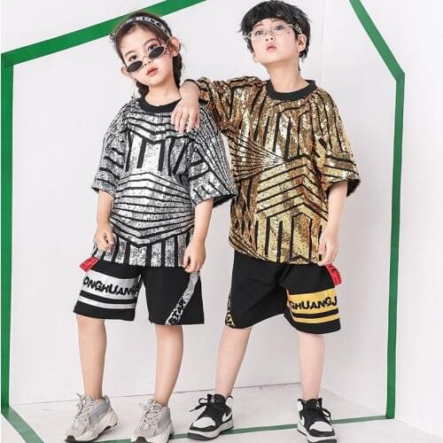Sequin Children Jazz Hip Hop T Shirt Dancing Costumes for Girls Boys Performance Show Stage Jogger Pants Ballroom Dance Clothes