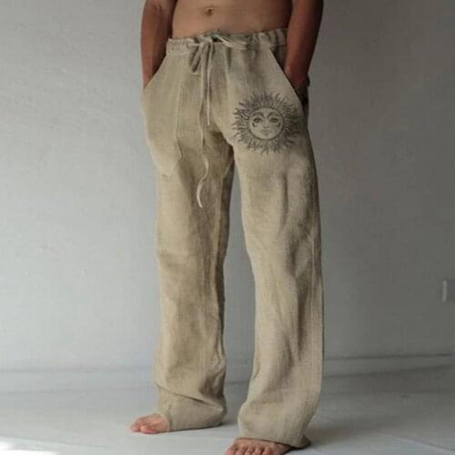 Mens Casual Pants sweatpants Sun Flower Print Full Length Pants Pocket Drawstring Linen Trousers Men