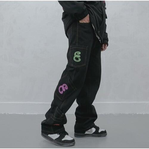 Retro Multi-pocket Letter Jeans Men Women Hip Hop Oversize Straight Denim Pant Mens Harajuku Streetwear Casual Wide Leg Trousers