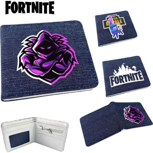 Hot fortnite game student unisex denim double fold leather wallet fashion short card bag coin purse male birthday present gift