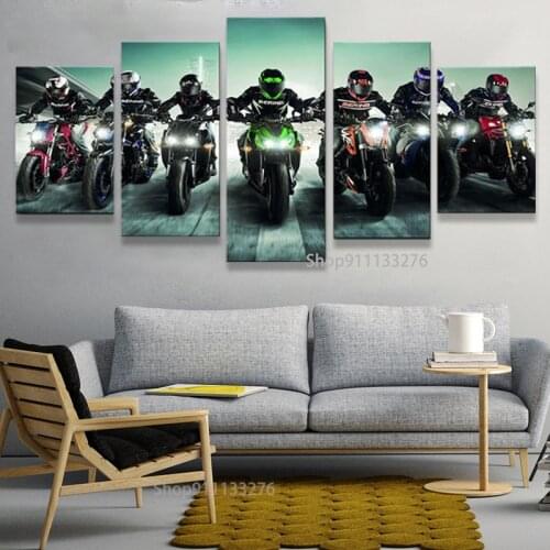Hd print 5 Pieces Colourful Heavy Motorcycle Racer Modern Home Wall Decor Canvas Picture Art HD Canvas Frame