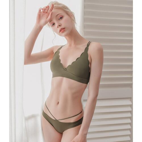 Yhotmeng Ice silk bra set solid color ruffles ultra-thin triangle cup lingerie sexy bra set seamless lolita underwear women