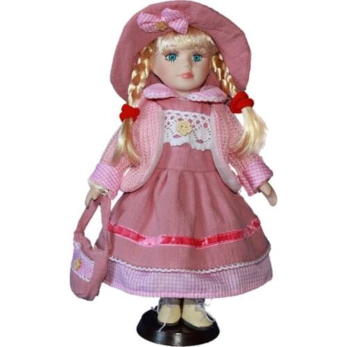 30cm Lovely Porcelain Girl Doll with Clothes Pink & Stand Home Display Decor Gift Porcelain Baby Figurines Dolls Collectible