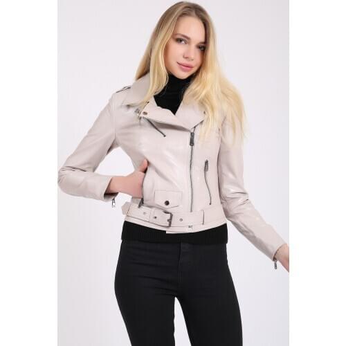 New women Spring Autumn Genuine Leather Jacket Biker Bomber Motorcycle Coat Short Beige Outwear with Belt Soft Female