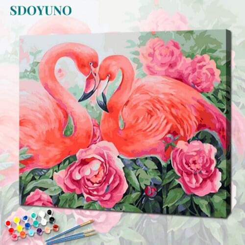SDOYUNO Oil Paint By Numbers Kits Flamingo Painting By Numbers On Canvas Frame 60x75cm Draw Painting DIY Animals Home Decor