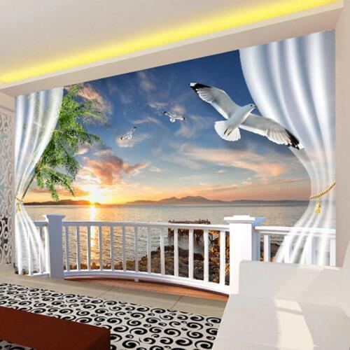 Custom Photo Wall Paper 3D Balcony Curtains Sunset Seascape Wall Papers Home Decor Living Room Sofa TV Backdrop Mural Wallpaper