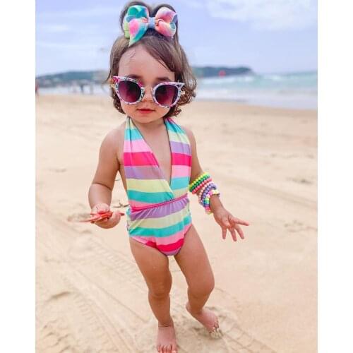 2021 New Kids Baby Girls Cute Rainbow Striped Print Swinwear Kids Summer Halter Swimsuit Beachwear Bathing Suits Swimwear