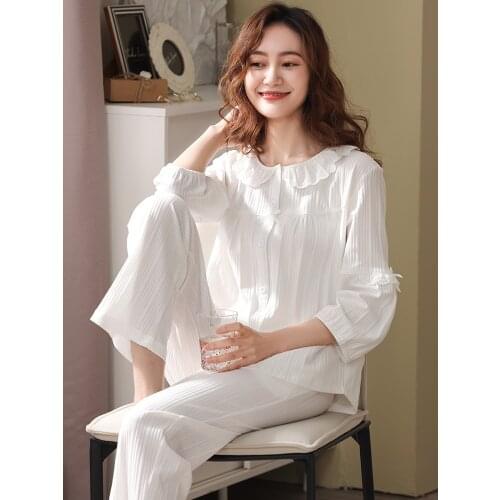 Women 100% Cotton Pajamas Doll Collar Lounge Sleepwear Four Seasons Pijama Mujer Bedroom Home Clothes Pure Cotton Pyjamas PJs