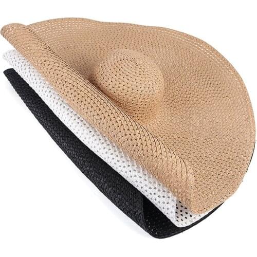 25cm Oversized Weave Beach Hats For Women Foldable Summer Wide Brim Hollow Straw Hat Ladies Uv Sun Protection Travel Holiday Cap