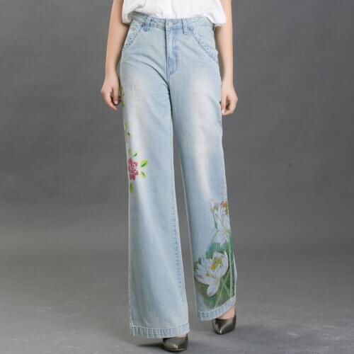 High waist loose wide leg jeans pants for women denim jeans trousers blue plus size female printing casual pants Flared Jeans