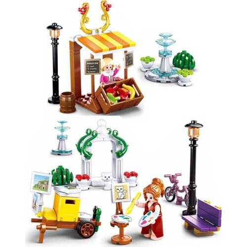 Sluban Village Girl Princess Friends Fruit Store Draw Park Building Blocks Kit Bricks Classic Model Kids Toys For Children Gift