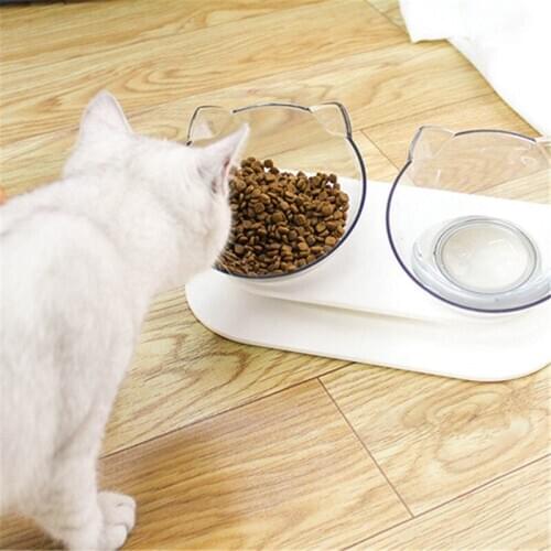 Pet Products Cat Bowl Transparent Double Bowl Cat Food Bowl Water Bowl Rack Dog Bowl Dog Food Basin Oblique Mouth Protect Spine