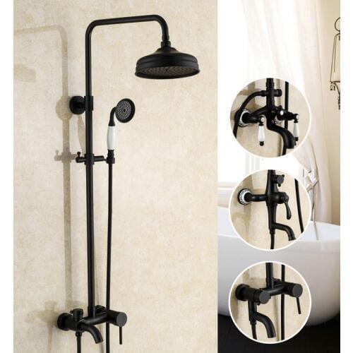Bathroom Antique Black Paint Solid Brass Shower Set Wall Mounted 8" Rainfall Shower Mixer Tap Faucet 3-functions Mixer Valve