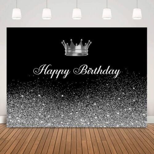 Sliver Glitter Happy Birthday Backdrop Photo Shoot Adult Children Birthday Portrait Background Royal Crown Black Vinyl Backdrops