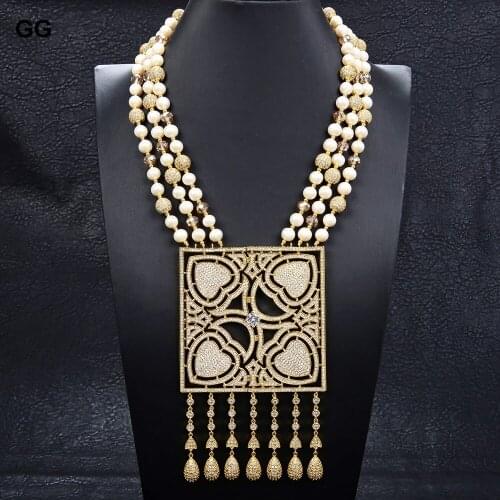 GuaiGuai Jewelry 22" 2 Rows White Round Pearl CZ Ball Crystal Necklace Big Square CZ Gold Color Plated Pendant For Women