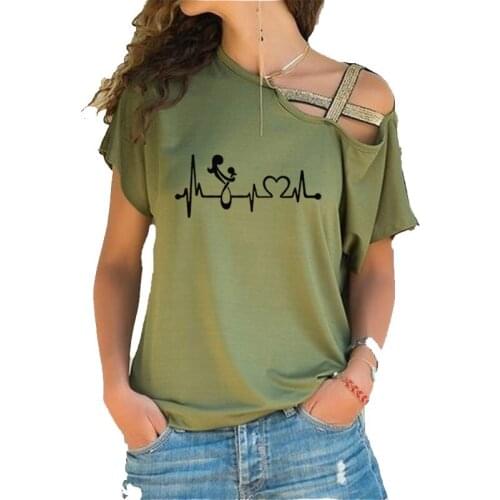 Womens T-shirt ladies casual Harajuku short sleeve heart-shaped printing Irregular Skew Cross Bandage Tshirt