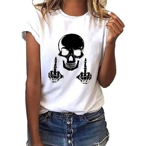 Women T-shirt Summer harajuku Skull Middle Finger Print Female Tshirts Short Sleeve Casual Streetwear Ladies Tee Tops Plus Size