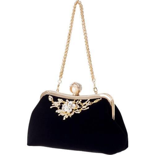 Female Diamond Pearl Handbag Vintage Crystal Flower Evening Bag Wedding Party Bride Clutch Bag Purse(Black)