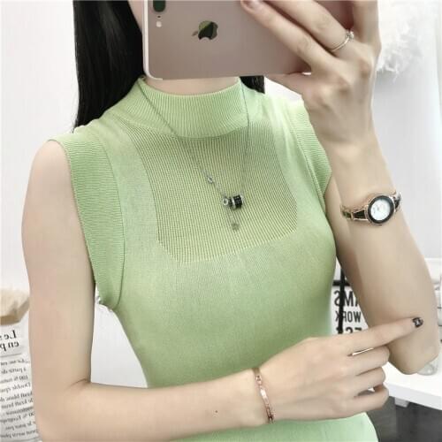 Womens Slim Knitting Thin Turtleneck Simple Solid Camisole Tops Female Knitted Tank Top Sleeveless T shirts for Girl Summer