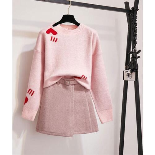 2019 Winter Knitting Female Sweater Tracksuit For Women Two Piece Set Knitted Pullover O-neck Long Sleeve Top Woolen Skirts Suit