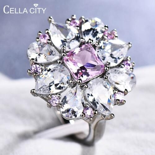 Cellacity Fashion Flower shaped Ring for Women Silver 925 Jewelry with Gemstones Pink Crystal Zircon High Quality Gift Size6-11