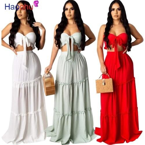 HAOOHU Women Solid Beach Bohemian Maxi dress Bow Strapless Crop Top Cascanding Ruffles Long Skirt Suit Two Piece Set Tracksuit