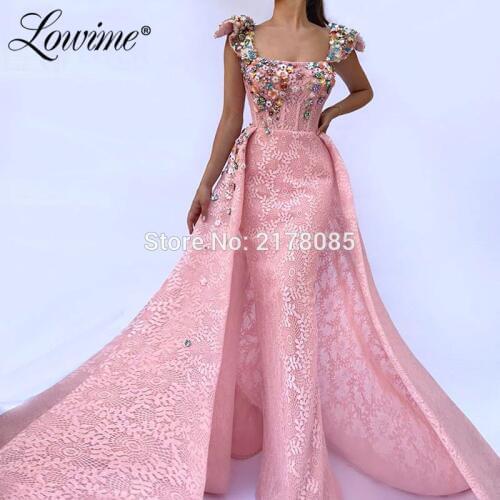 Dubai Crystal Mermaid Evening Dresses 2020 Square Neckline Women Formal Gowns Turkish Prom Dresses Lace Pink Party Gowns Newest