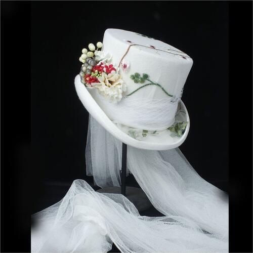 100% Wool Women Wedding Top Hat White Steampunk Hat Ivory Hat Lady Rhinestone Gala Hat Flower Top Hat Tea Party Hat 4Size