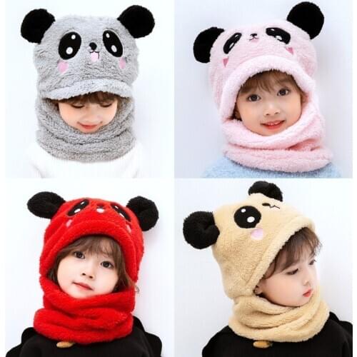 Baby Girl Hats Autumn Winter Twitter One-piece Earmuffs Boys Cute Panda Thickened Kids Hats Plush Ear Cotton Caps Accessories