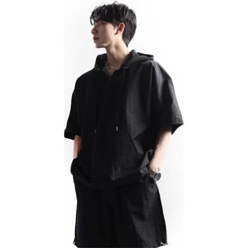 Mens summer casual all-match solid color hooded zipper design loose large size short sleeve T-shirt