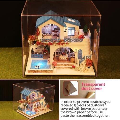 Doll House DIY Miniature Dollhouse with Swimming Pool Town Model Wooden Toy Furnitures Dolls House Dust Cover LED Birthday Gift