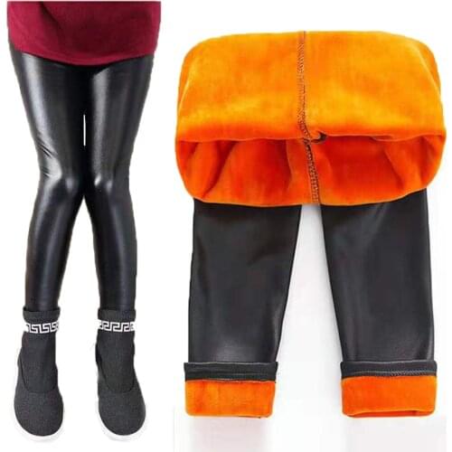 New Winter Autumn Girls Plus Velvet Thickening Fake Leather Warm Children Slim Leggings Red Pants School Kid Cashmere Trousers