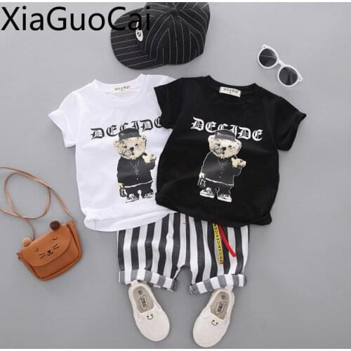 Summer Casual Boys T-shirts and Pants Short-sleeved Boys and Girls Sets Baby Cartoon Round Neck Short-sleeved Striped Shorts