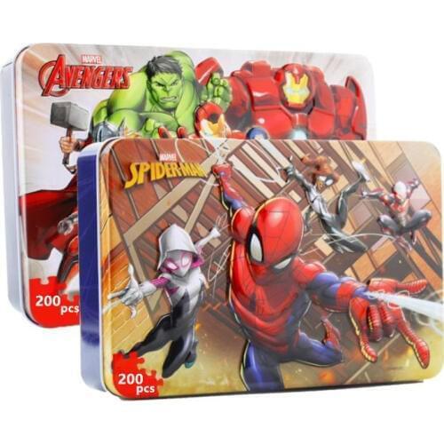 Marvel Spiderman Avengers Disney Flat Puzzle 200 Pcs Iron Box Wooden Jigsaw Puzzles Toy for Children Gift