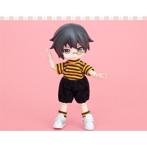 OB11 doll dress size fashion round neck striped sweater + black joker pants + hair accessories classic 3 piece bee set