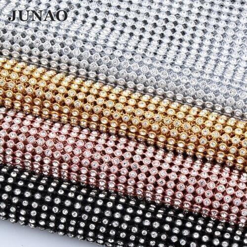JUNAO 45x120cm Silver Aluminum Mesh Glass Rhinestones Trim Metal Fabric Crystal Mesh Banding Sewing Strass Applique for Jewelry