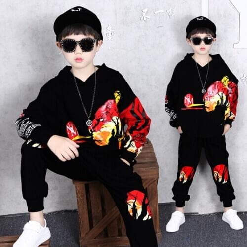 New Boys Tracksuit for Autumn Black Hooded Clothing Sets Kids Cartoon Tiger Tops Pants 2PCS Sports Clothing Children Outerwear