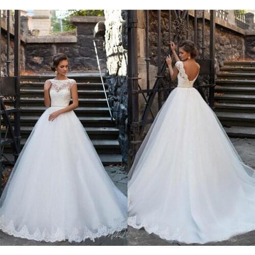 Wedding Dress Sheer Neck Lace Appliques Sexy Low Back Bridal Gowns With Beaded Sash Elegant Cap Sleeves A Line Vestido De Noiva