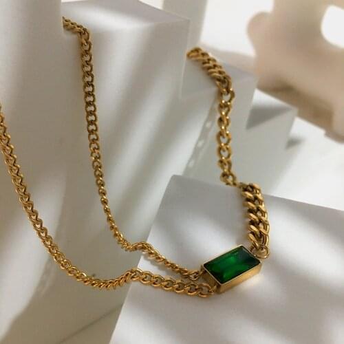 Monlansher Gold Color Thick Thin Mixed Linked Chain Choker Green Geometric Pendant Necklace Minimalist Fashion Necklaces Jewelry