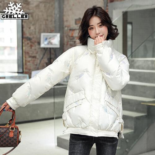 GRELLER New Fashion Female Winter Windproof Jacket Casual Stand Collar Glossy Sequins Women Winter Parkas Short Coat Outwear