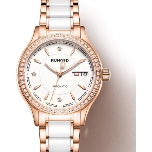 RUNOSDLadies Watch Luxury Rose Gold Zircon Day Calendar miyota Mechanical Movement Sapphire Crystal Stainless Steel 8157LS
