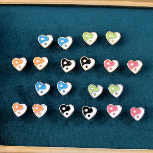 Flatfoosie 2Pair/Set New Heart Yin Yang Small Stud Earrings For Women Gold Silver Color Geometric Earrings Trendy Jewelry Gift