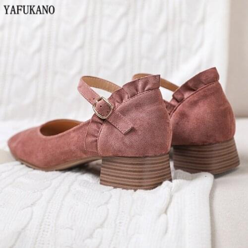 2020 Elegant Sweet Mid Heels Pumps Solid Flock Mary Jane Women Shoes Square Toe Dress High Heels Simple Comfort Student Shoes